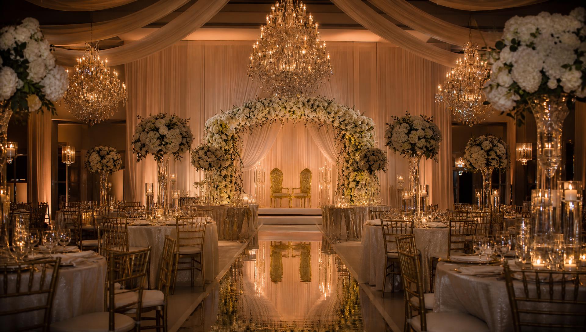 Candlelit ballroom reception with crystal chandeliers, a white floral arch and gold chiavari chairs